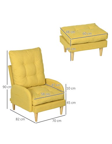HOMCOM Upholstered Armchair with Footstool, Adjustable Backrest, Cushions, Yellow