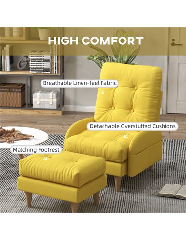HOMCOM Upholstered Armchair with Footstool, Adjustable Backrest, Cushions, Yellow