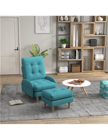 HOMCOM Upholstered Armchair with Footstool, Adjustable Backrest, Cushions, Blue