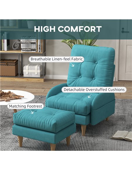 HOMCOM Upholstered Armchair with Footstool, Adjustable Backrest, Cushions, Blue - pic 24814 | FastDaddyshop