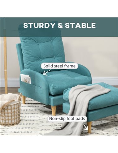 HOMCOM Upholstered Armchair with Footstool, Adjustable Backrest, Cushions, Blue