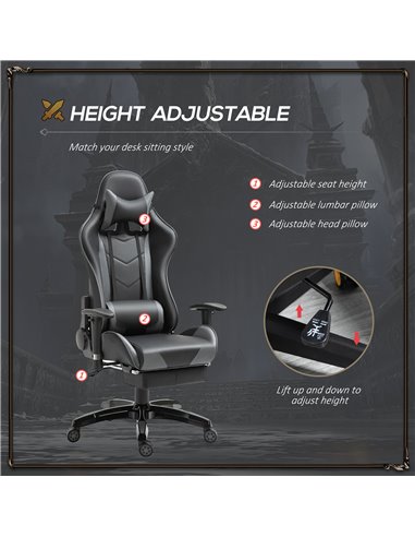 HOMCOM Faux Leather High-Back Gaming Chair  with Footrest, Wheels, Black-Grey