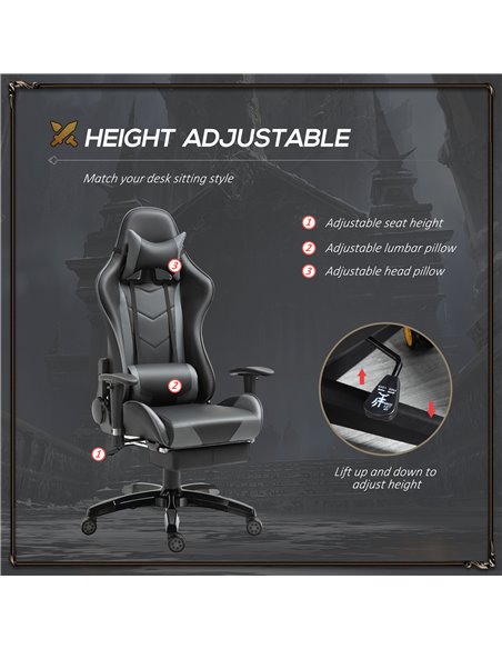 HOMCOM Faux Leather High-Back Gaming Chair  with Footrest, Wheels, Black-Grey - pic 24840 | FastDaddyshop
