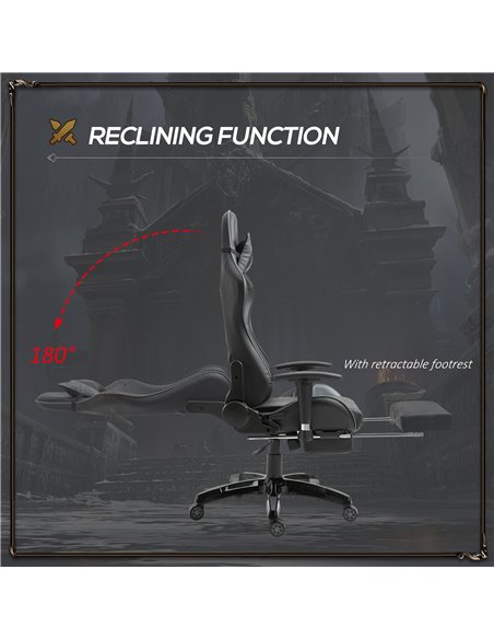 HOMCOM Faux Leather High-Back Gaming Chair  with Footrest, Wheels, Black-Grey - pic 24841 | FastDaddyshop