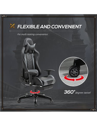 HOMCOM Faux Leather High-Back Gaming Chair  with Footrest, Wheels, Black-Grey
