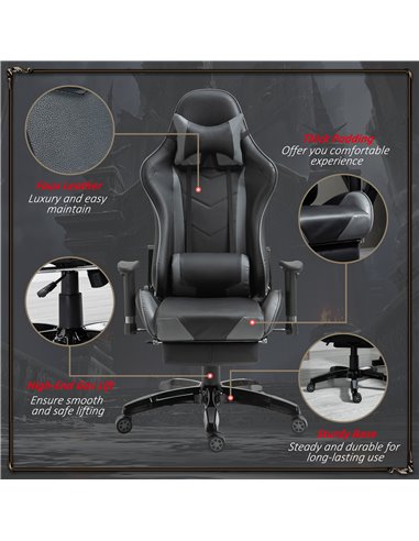 HOMCOM Faux Leather High-Back Gaming Chair  with Footrest, Wheels, Black-Grey
