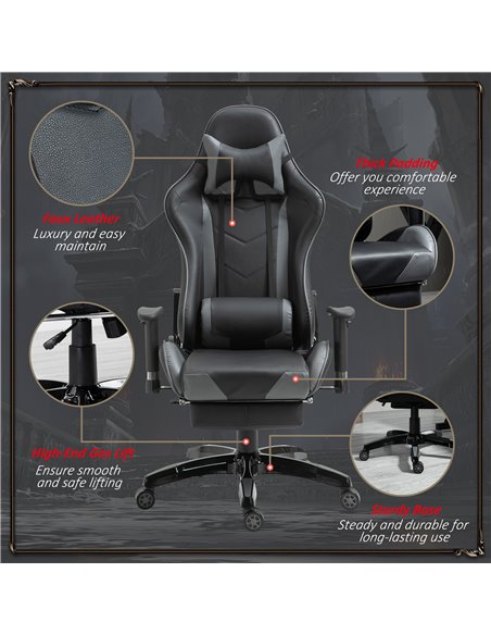 HOMCOM Faux Leather High-Back Gaming Chair  with Footrest, Wheels, Black-Grey - pic 24843 | FastDaddyshop