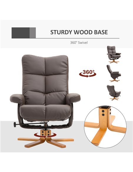 HOMCOM Faux Leather Swivel Recliner Chair with Footstool, Wooden Base and Storage for Living Room, Brown - pic 24888 | FastDaddyshop