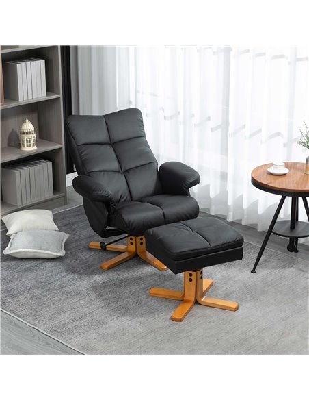 HOMCOM Faux Leather Swivel Recliner Chair with Footstool, Wooden Base and Storage for Living Room, Black - pic 24901 | FastDaddyshop