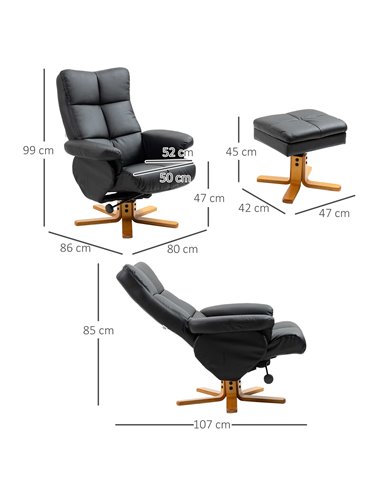 HOMCOM Faux Leather Swivel Recliner Chair with Footstool, Wooden Base and Storage for Living Room, Black