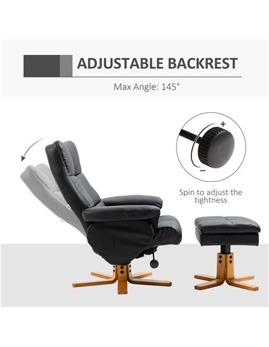 HOMCOM Faux Leather Swivel Recliner Chair with Footstool, Wooden Base and Storage for Living Room, Black