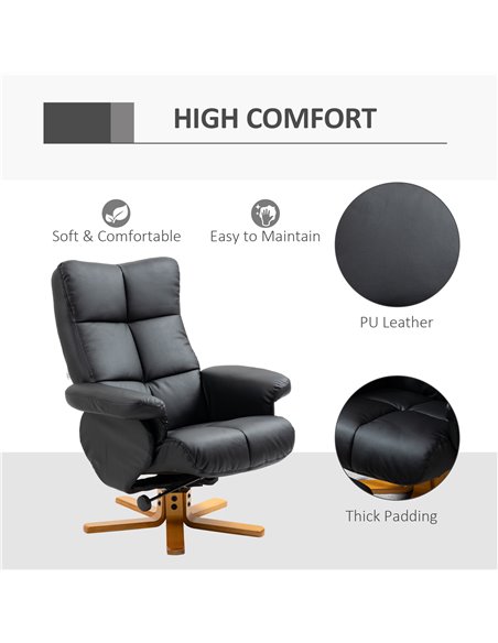 HOMCOM Faux Leather Swivel Recliner Chair with Footstool, Wooden Base and Storage for Living Room, Black - pic 24905 | FastDaddyshop