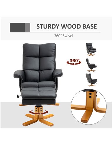 HOMCOM Faux Leather Swivel Recliner Chair with Footstool, Wooden Base and Storage for Living Room, Black