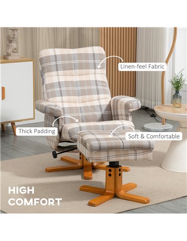 HOMCOM Linen Swivel Recliner Chair with Footstool, Wooden Base and Storage for Living Room, Multicolour