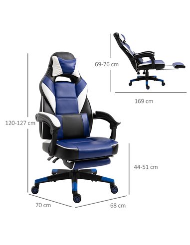 Vinsetto Cool & Stylish Ergonomic Gaming Chair with Footrest Neck & Back Pillow, Blue