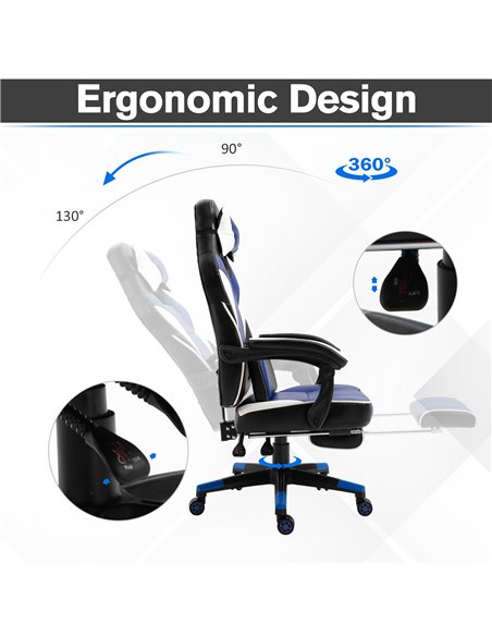 Vinsetto Cool & Stylish Ergonomic Gaming Chair with Footrest Neck & Back Pillow, Blue - pic 24958 | FastDaddyshop