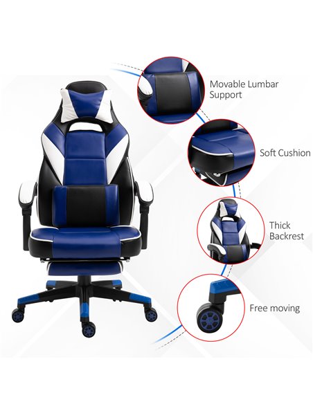 Vinsetto Cool & Stylish Ergonomic Gaming Chair with Footrest Neck & Back Pillow, Blue - pic 24959 | FastDaddyshop