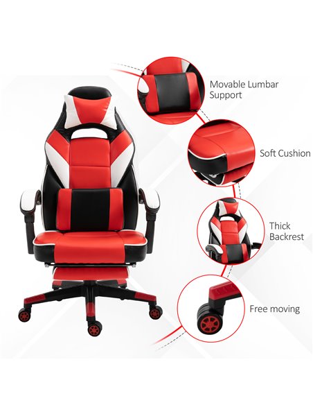 Vinsetto Cool & Stylish Ergonomic Gaming Chair with Footrest Neck & Back Pillow, Red - pic 24967 | FastDaddyshop