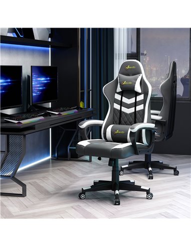 Vinsetto PVC Leather Racing Gaming Chair with Lumbar Support, Headrest, Grey-White