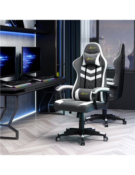 Vinsetto PVC Leather Racing Gaming Chair with Lumbar Support, Headrest, Grey-White - pic 24991 | FastDaddyshop