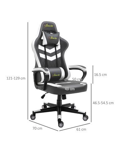 Vinsetto PVC Leather Racing Gaming Chair with Lumbar Support, Headrest, Grey-White