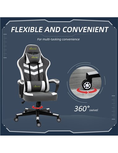 Vinsetto PVC Leather Racing Gaming Chair with Lumbar Support, Headrest, Grey-White