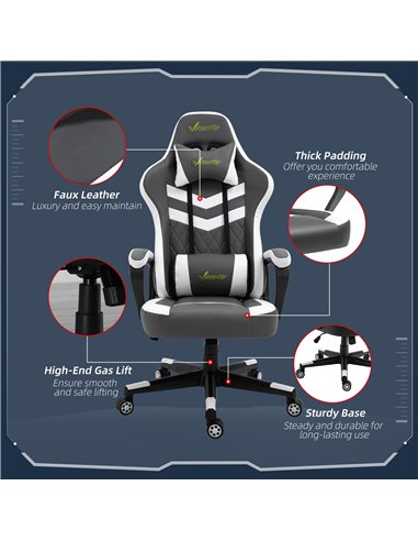 Vinsetto PVC Leather Racing Gaming Chair with Lumbar Support, Headrest, Grey-White