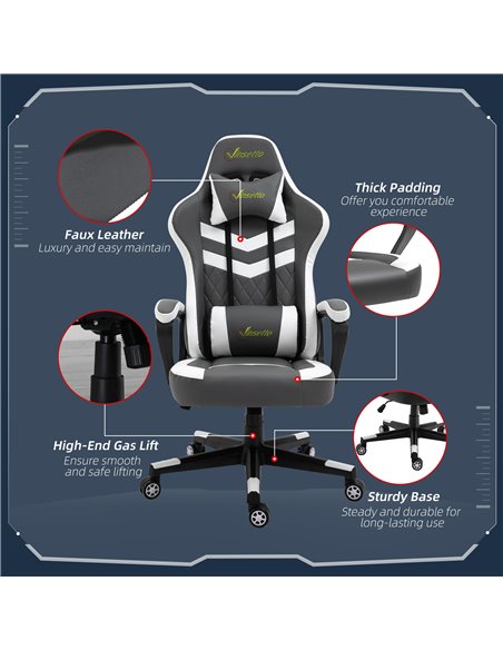 Vinsetto PVC Leather Racing Gaming Chair with Lumbar Support, Headrest, Grey-White - pic 24996 | FastDaddyshop