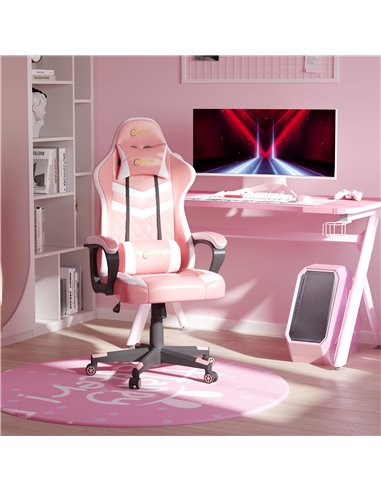 Vinsetto PVC Leather Racing Gaming Chair with Lumbar Support, Headrest, Pink-White