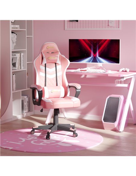 Vinsetto PVC Leather Racing Gaming Chair with Lumbar Support, Headrest, Pink-White - pic 25000 | FastDaddyshop