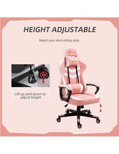 Vinsetto PVC Leather Racing Gaming Chair with Lumbar Support, Headrest, Pink-White