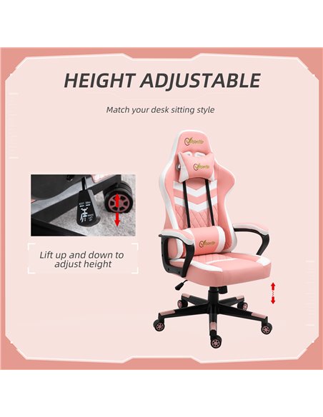 Vinsetto PVC Leather Racing Gaming Chair with Lumbar Support, Headrest, Pink-White - pic 25002 | FastDaddyshop