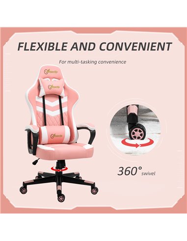 Vinsetto PVC Leather Racing Gaming Chair with Lumbar Support, Headrest, Pink-White