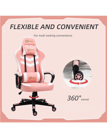 Vinsetto PVC Leather Racing Gaming Chair with Lumbar Support, Headrest, Pink-White - pic 25004 | FastDaddyshop