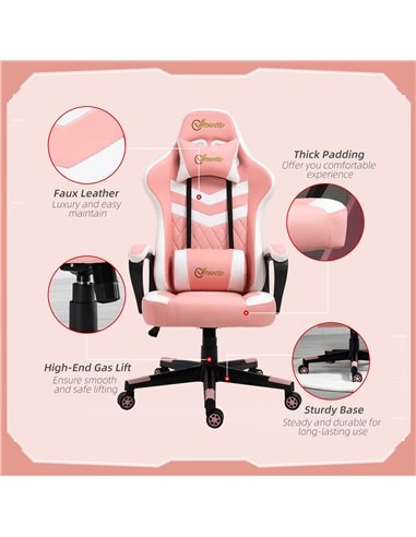 Vinsetto PVC Leather Racing Gaming Chair with Lumbar Support, Headrest, Pink-White