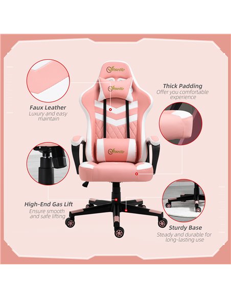 Vinsetto PVC Leather Racing Gaming Chair with Lumbar Support, Headrest, Pink-White - pic 25005 | FastDaddyshop
