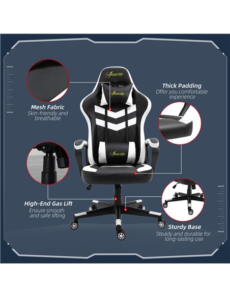 Vinsetto PVC Leather Racing Gaming Chair with Lumbar Support, Headrest, Black-White - pic 25014 | FastDaddyshop