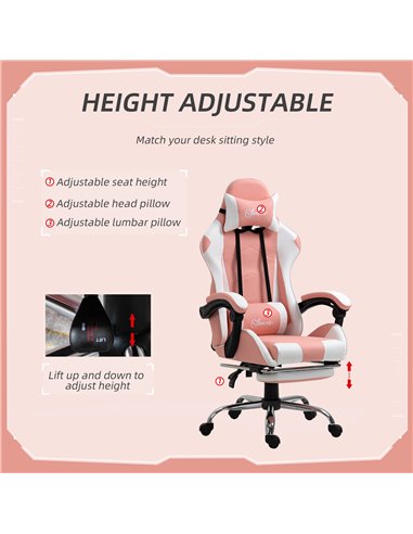 Vinsetto Racing Gaming Chair with Lumbar Support, Head Pillow for Home Office, Pink