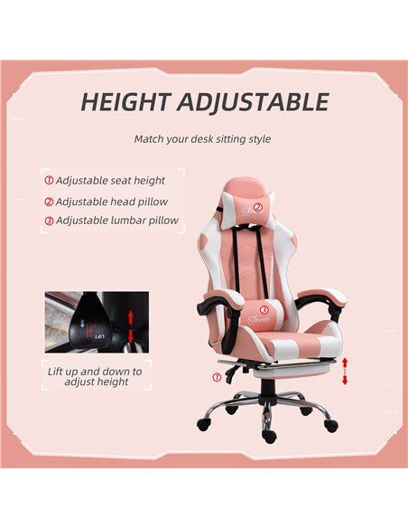 Vinsetto Racing Gaming Chair with Lumbar Support, Head Pillow for Home Office, Pink - pic 25020 | FastDaddyshop