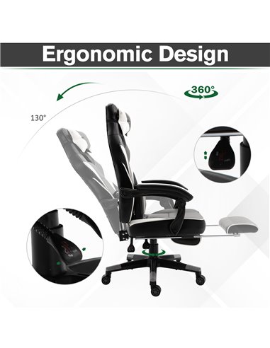 Vinsetto Ergonomic Gaming Chair with Footrest, Headrest, Lumbar Pillow, Grey