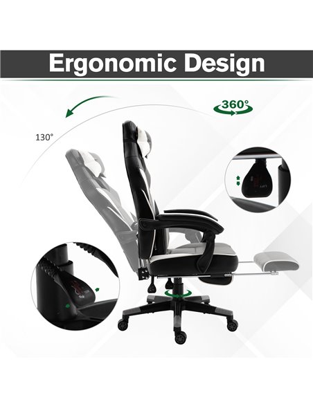 Vinsetto Ergonomic Gaming Chair with Footrest, Headrest, Lumbar Pillow, Grey - pic 25065 | FastDaddyshop
