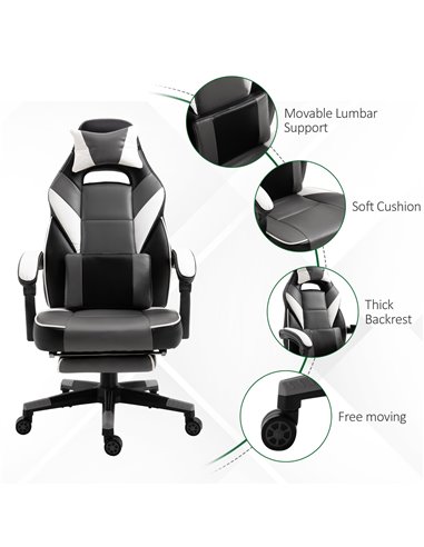 Vinsetto Ergonomic Gaming Chair with Footrest, Headrest, Lumbar Pillow, Grey