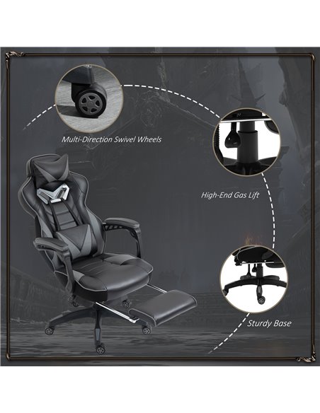 Vinsetto Ergonomic Racing Gaming Chair with Lumbar Support, Footrest, Grey - pic 25078 | FastDaddyshop