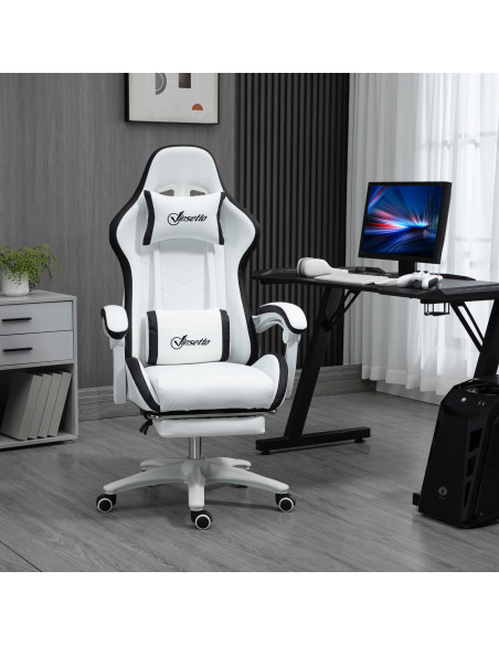 Vinsetto PU Leather Racing Gaming Chair with Footrest, Headrest, White-Black - pic 25081 | FastDaddyshop