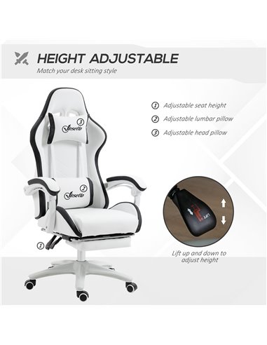 Vinsetto PU Leather Racing Gaming Chair with Footrest, Headrest, White-Black