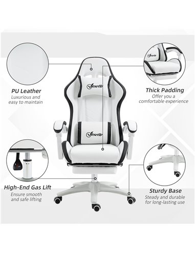 Vinsetto PU Leather Racing Gaming Chair with Footrest, Headrest, White-Black