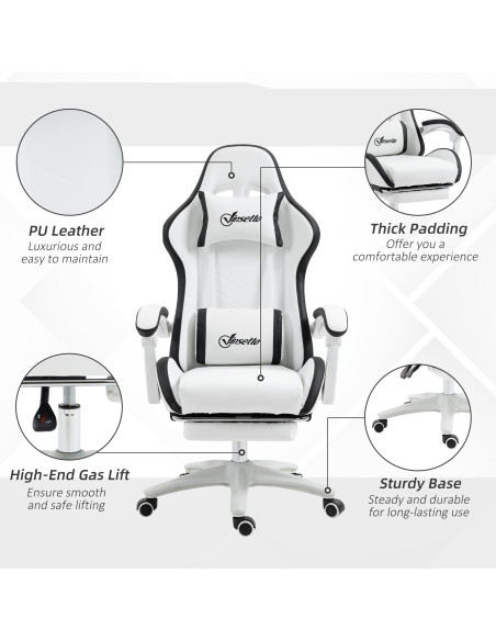 Vinsetto PU Leather Racing Gaming Chair with Footrest, Headrest, White-Black - pic 25086 | FastDaddyshop