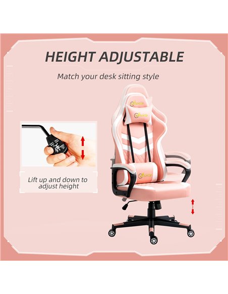 Vinsetto Racing Gaming Chair with Lumbar Support, Headrest, Swivel Wheel, PVC Leather Gamer Desk Chair for Home Office, Pink - pic 25092 | FastDaddyshop