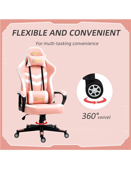 Vinsetto Racing Gaming Chair with Lumbar Support, Headrest, Swivel Wheel, PVC Leather Gamer Desk Chair for Home Office, Pink - pic 25094 | FastDaddyshop
