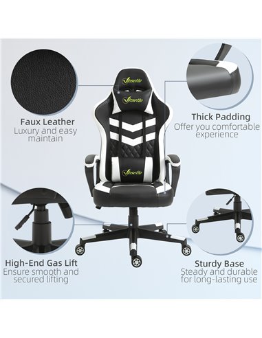 Vinsetto PVC Leather Racing Gaming Chair with Lumbar Support, Headrest, Black&White
